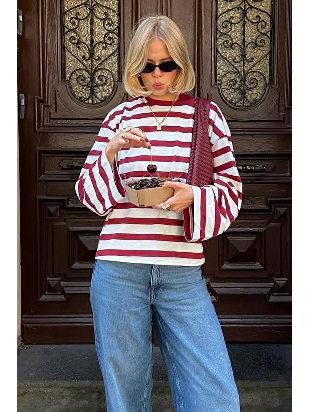 Ekru Çizgili Uzun Kollu Kadın T-Shirt Mg2571-1