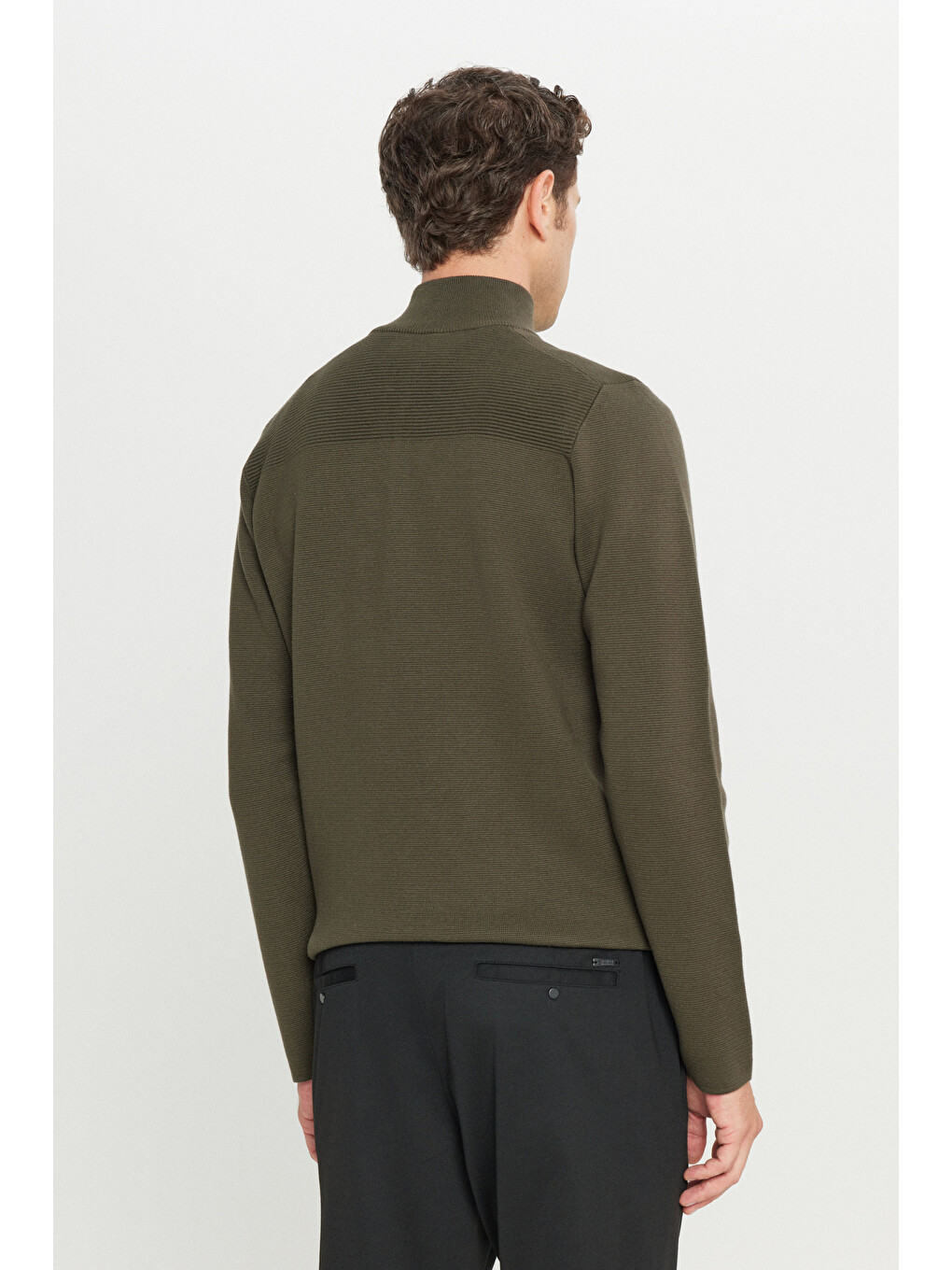 Erkek Haki Melanj Pamuklu Slim Fit Dar Kesim Bato Yaka Dokulu Triko Kazak-4