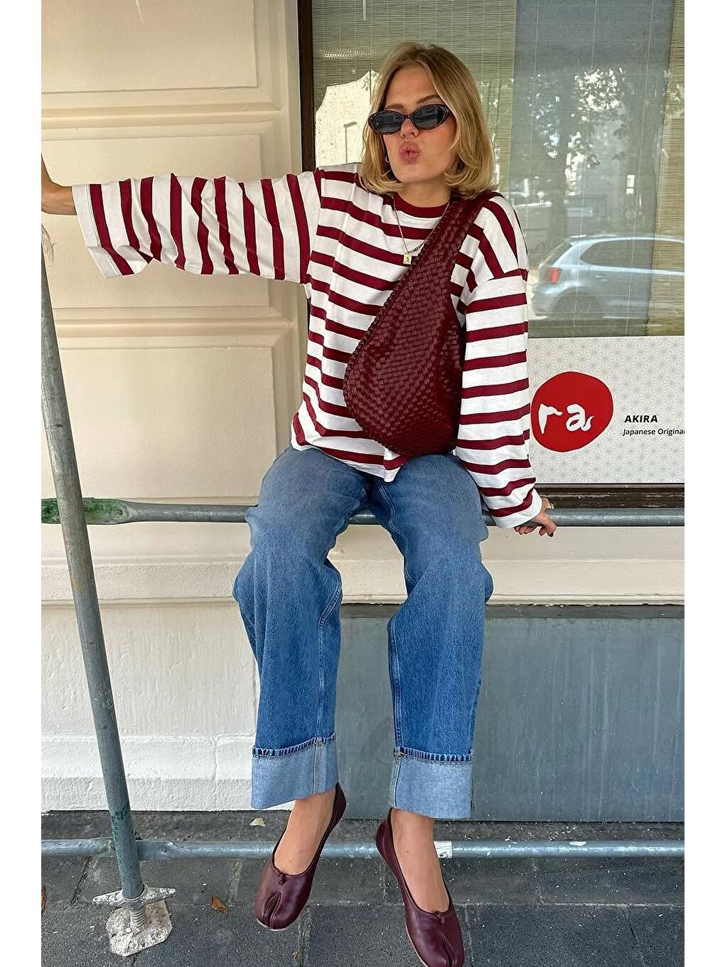 Ekru Çizgili Uzun Kollu Kadın T-Shirt Mg2571-2