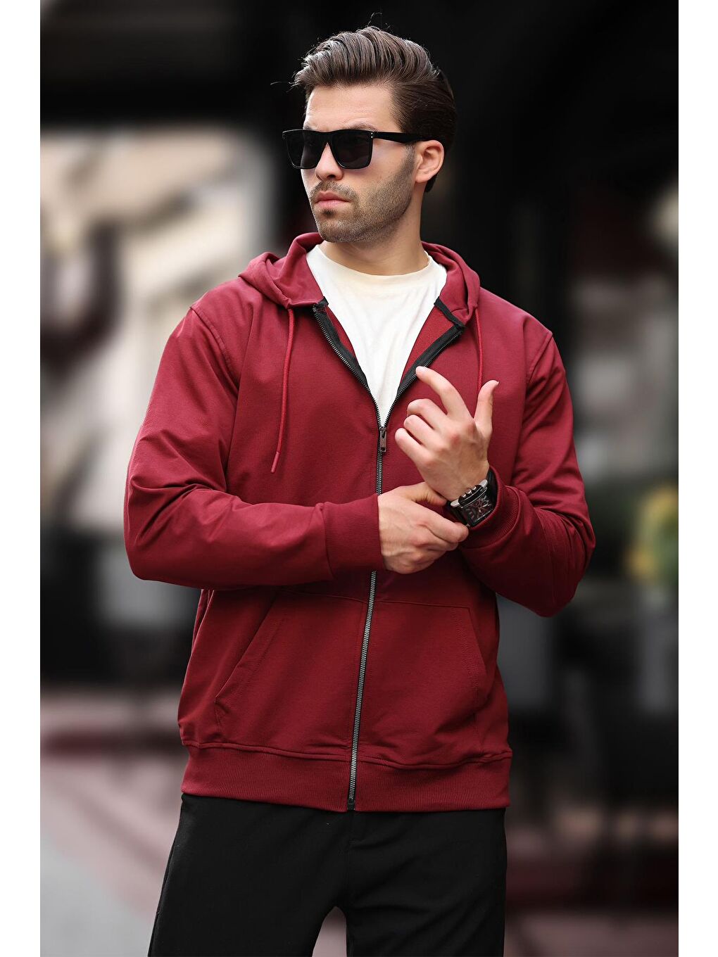 Bordo Kapüşonlu Düz Fermuarlı Erkek Hırka 7070-2