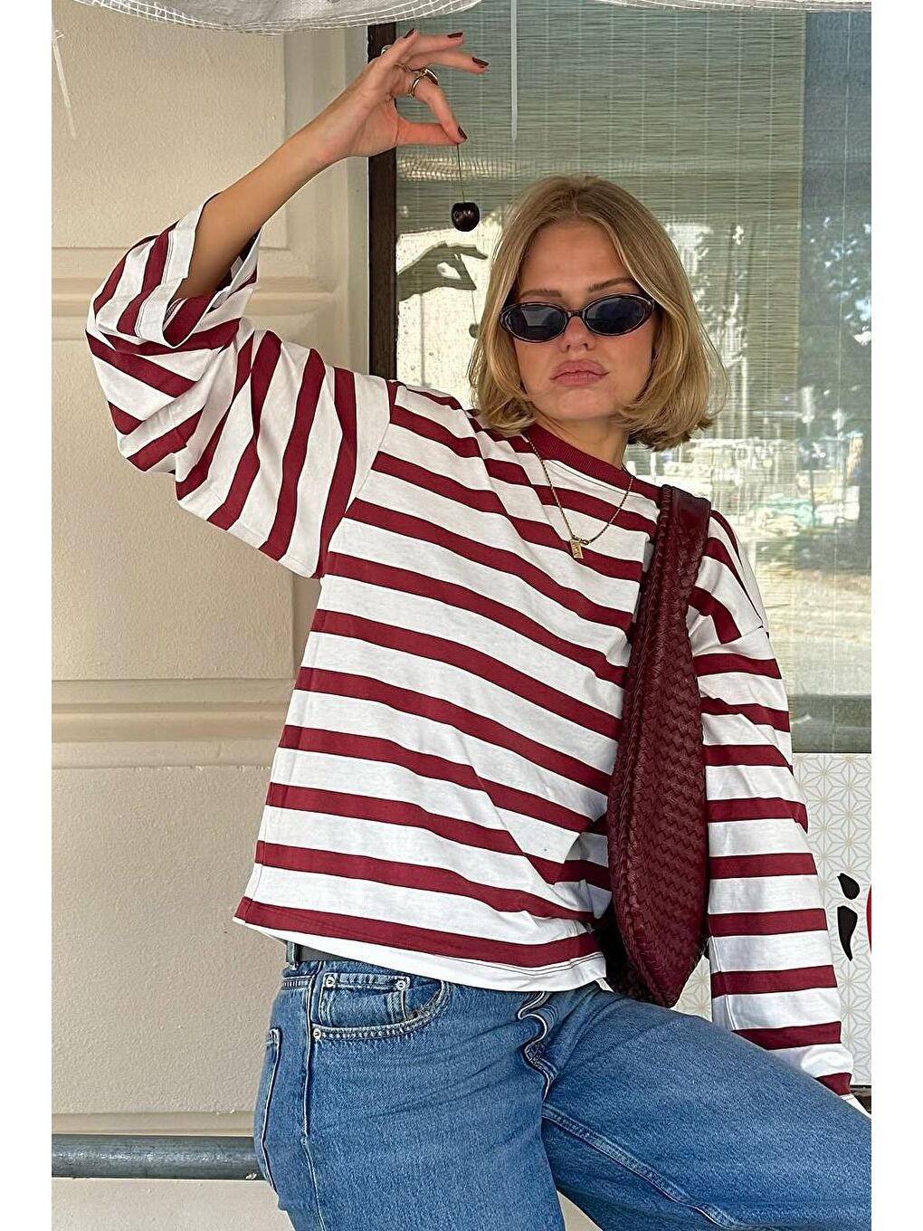 Ekru Çizgili Uzun Kollu Kadın T-Shirt Mg2571-3