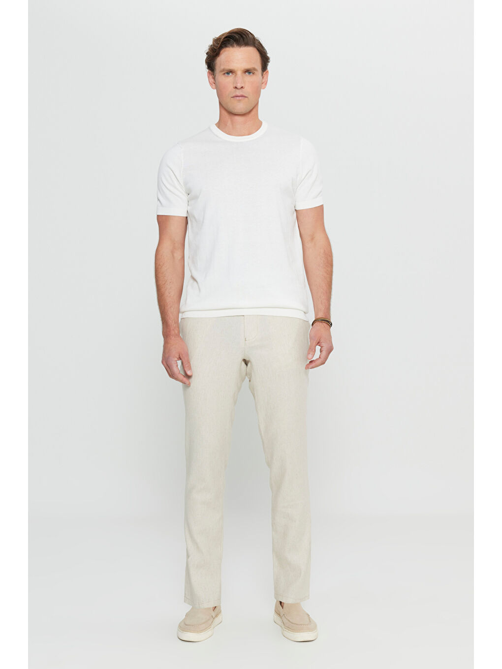 Erkek Beyaz %100 Pamuk Standart Fit Normal Kesim Bisiklet Yaka Triko Tişört-1