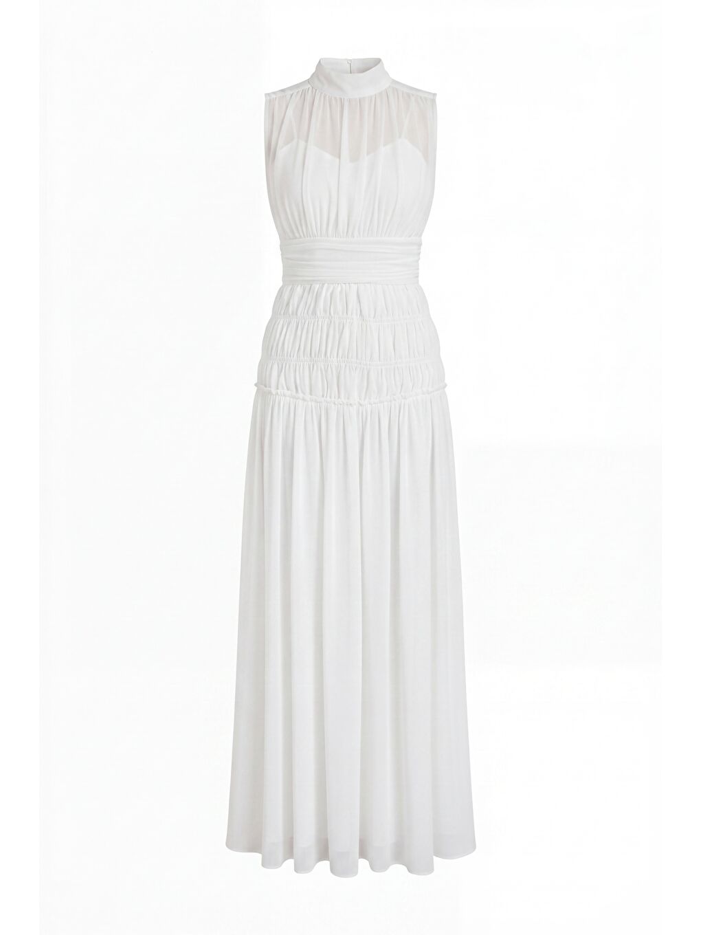 Kadın Beyaz Dik Yaka Pileli Uzun Şifon Davet Elbisesi-5