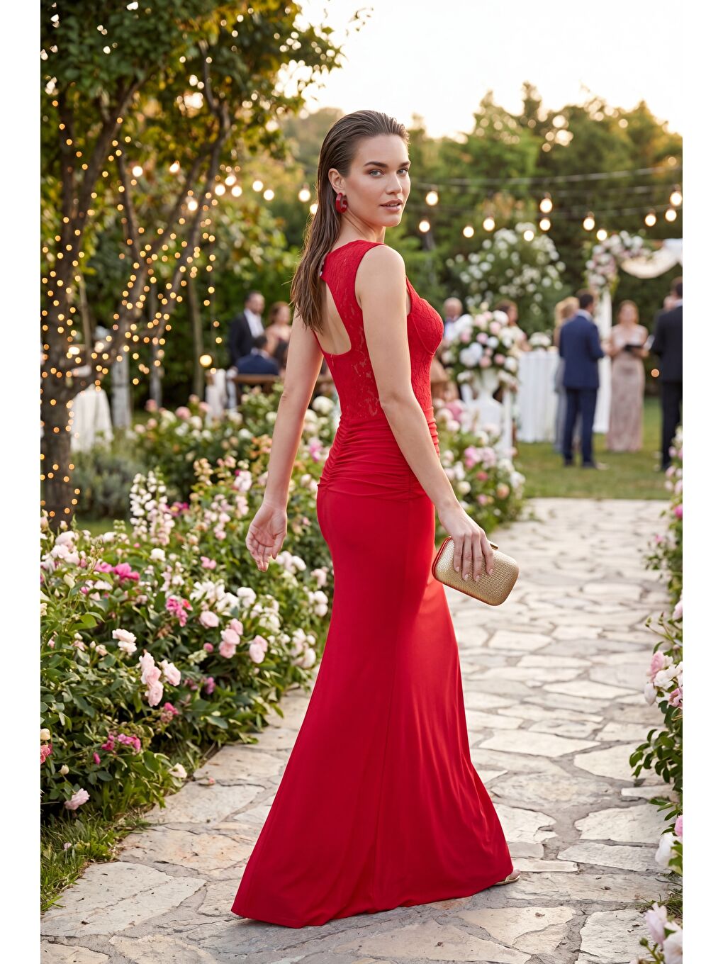 Kadın Kırmızı Dantel Detay Örme Uzun Davet Elbisesi-3