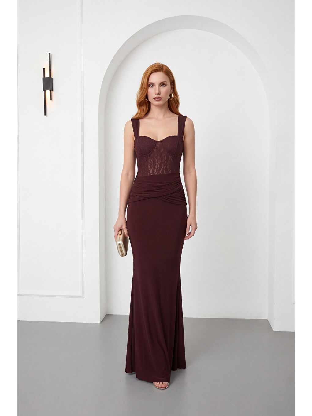 Kadın Kahverengi Dantel Detay Örme Uzun Davet Elbisesi-1