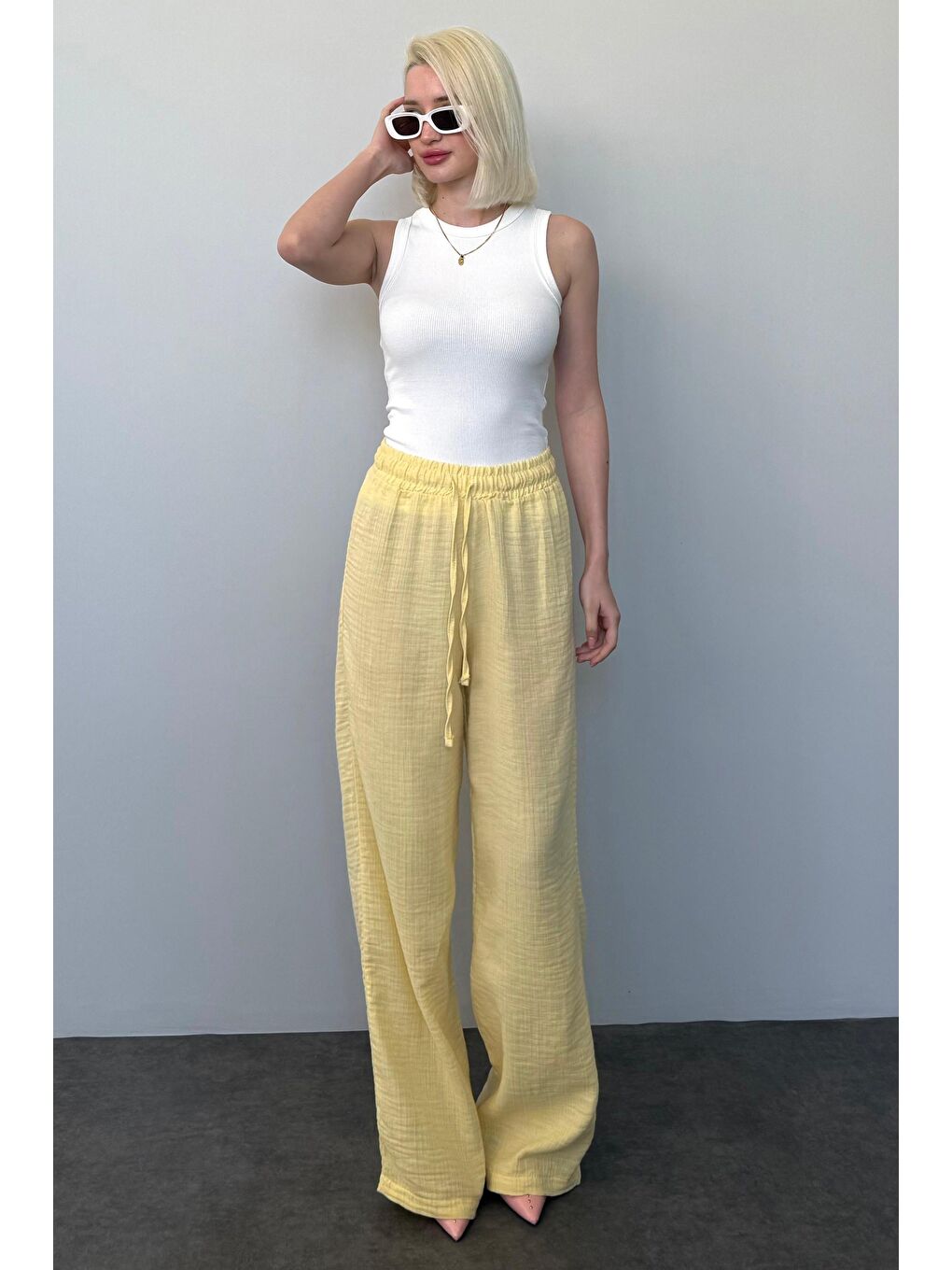 Sarı Bol Paça Müslin Kadın Pantolon Mg1980-1
