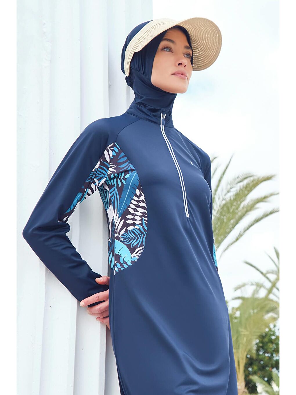 Flamingo Lacivert Beyaz Elastanlı 4 Parça Tam Tesettür Mayo Takımı 2920