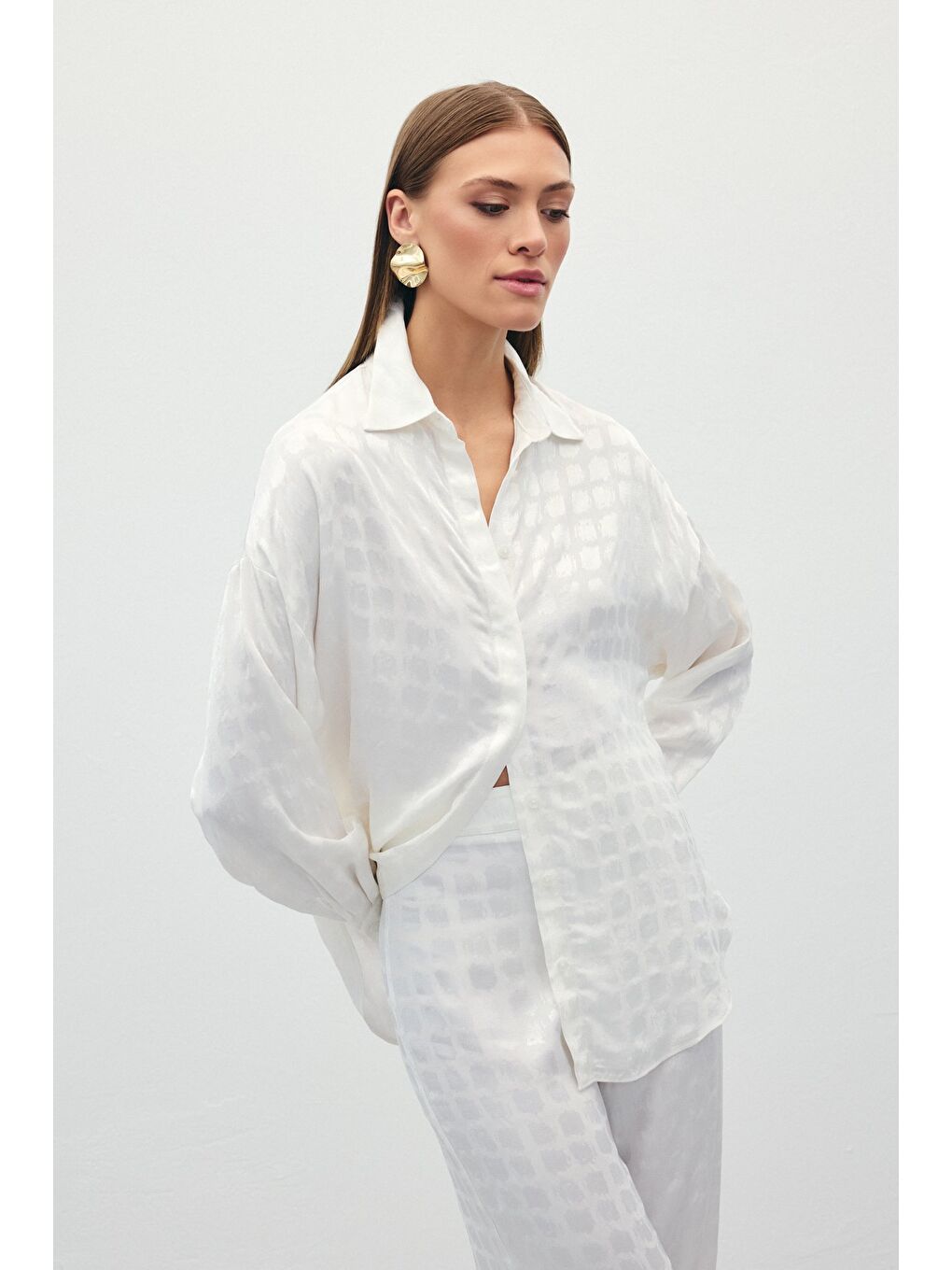 Jakarlı Saten Gömlek - Ekru-2