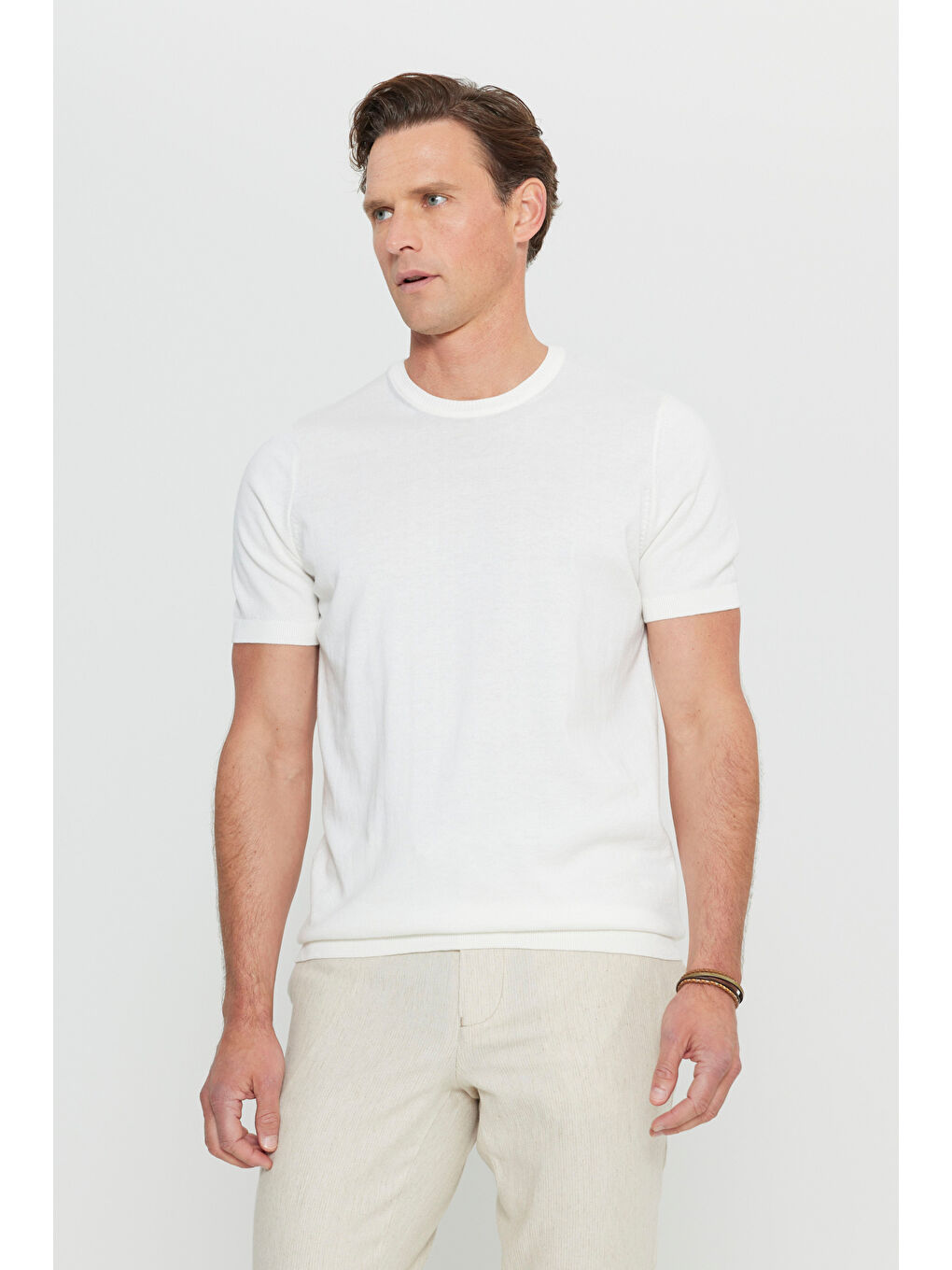 Erkek Beyaz %100 Pamuk Standart Fit Normal Kesim Bisiklet Yaka Triko Tişört-2