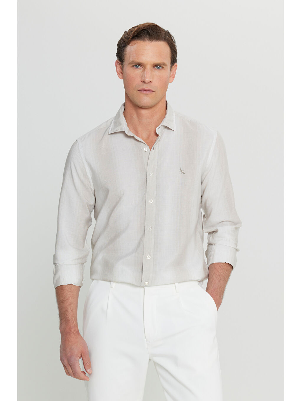 Erkek Bej Yumuşak Dokulu Keten Karışımlı Slim Fit Dar Kesim Klasik Yaka Çizgili Gömlek-4