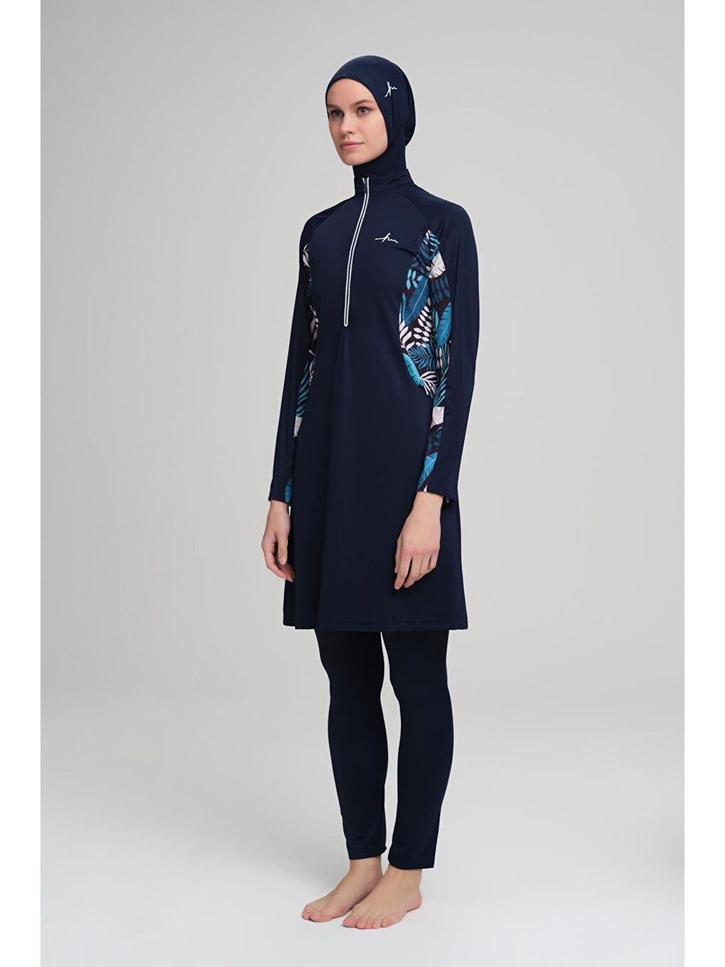 Flamingo Lacivert Beyaz Elastanlı 4 Parça Tam Tesettür Mayo Takımı 2920-2