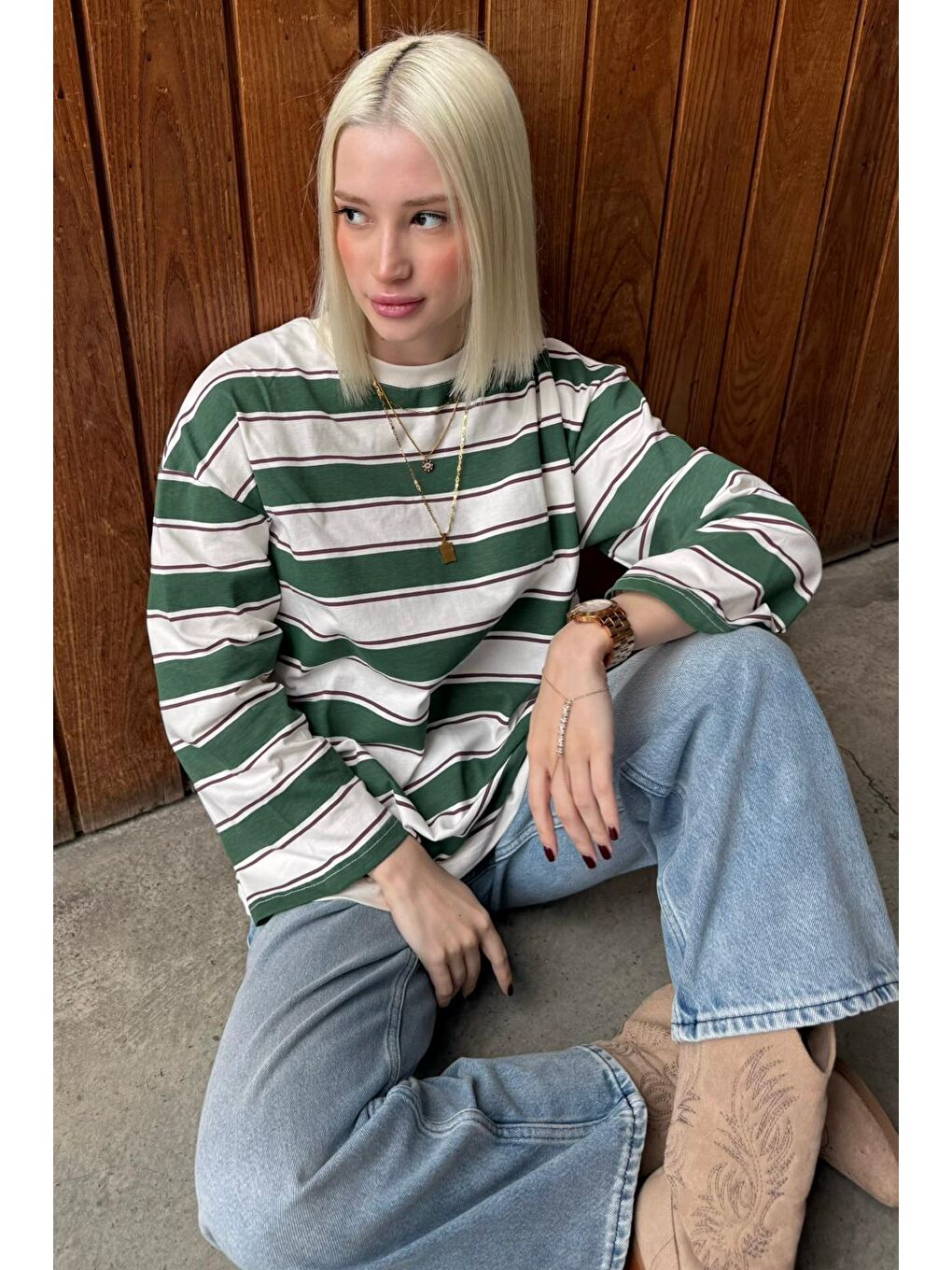 Haki Bisiklet Yaka %100 Pamuklu Çizgili Uzun Kollu Tişört Mg2362