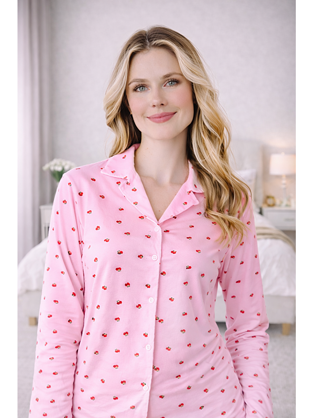 Pembe Kadın Kiraz Desenli Kaliteli Milan Kumaş Gömlek Yaka Düğmeli Yumuşak Tuşe Pijama Takımı-1