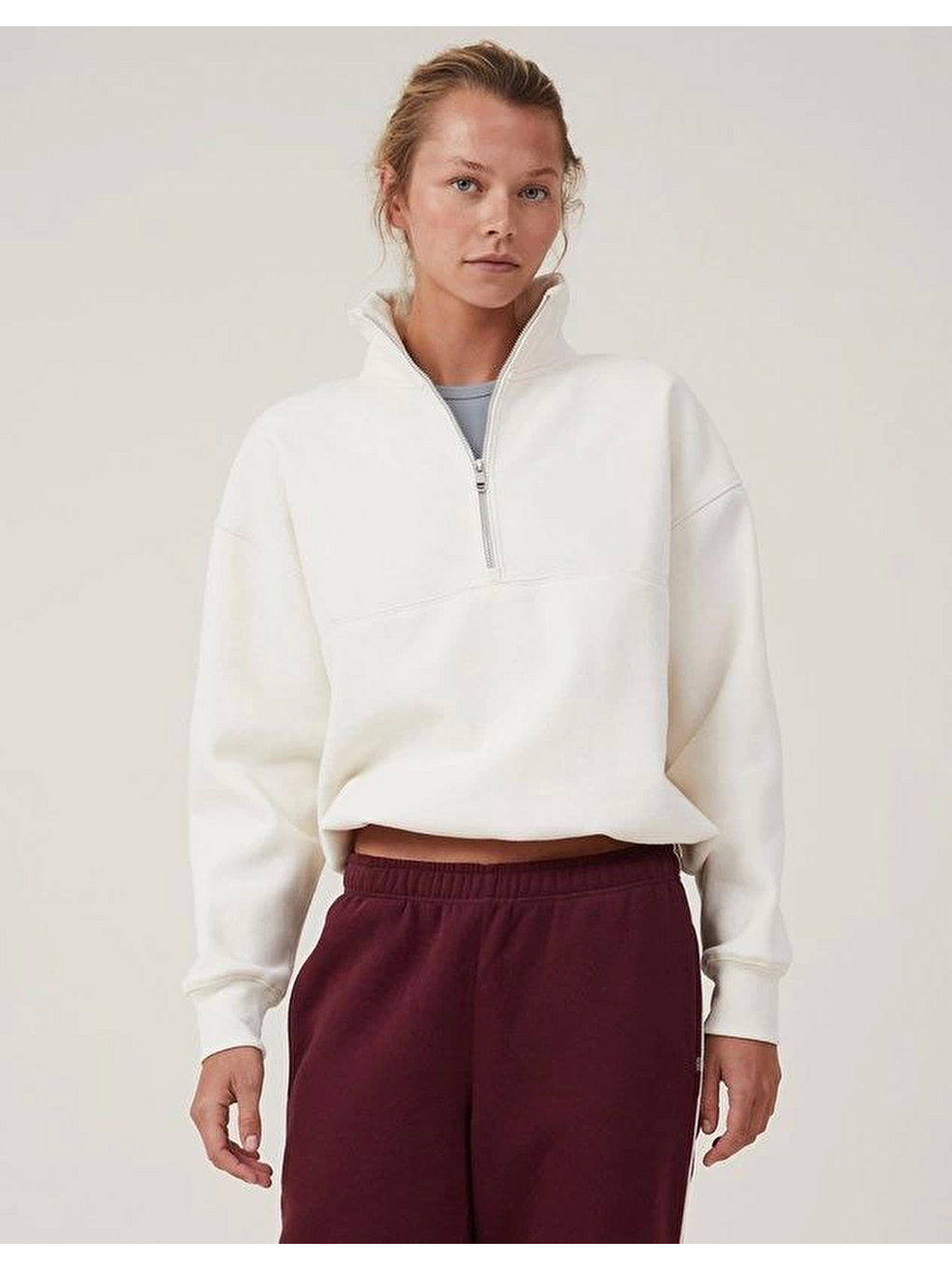 Oversize Yarım Farmuarlı Yakalı Basic Sweatshirt - Beyaz-1