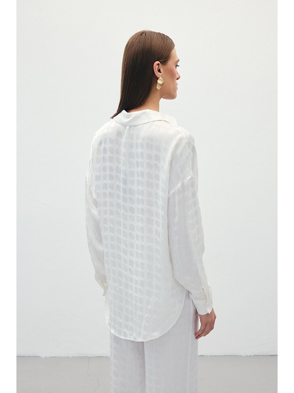 Jakarlı Saten Gömlek - Ekru-5