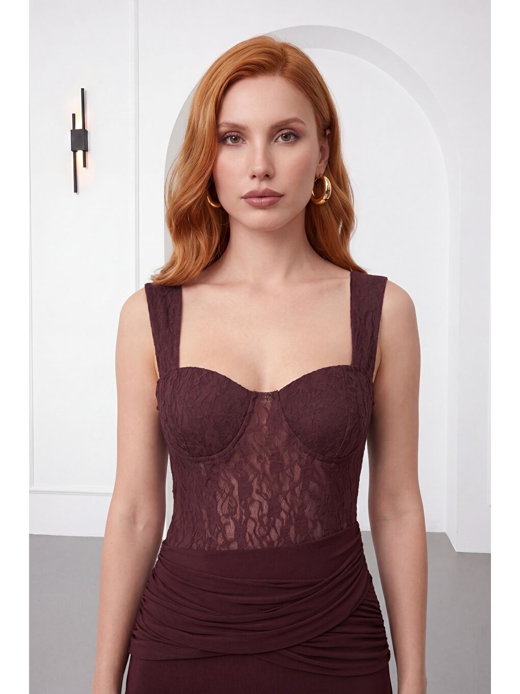 Kadın Kahverengi Dantel Detay Örme Uzun Davet Elbisesi-2