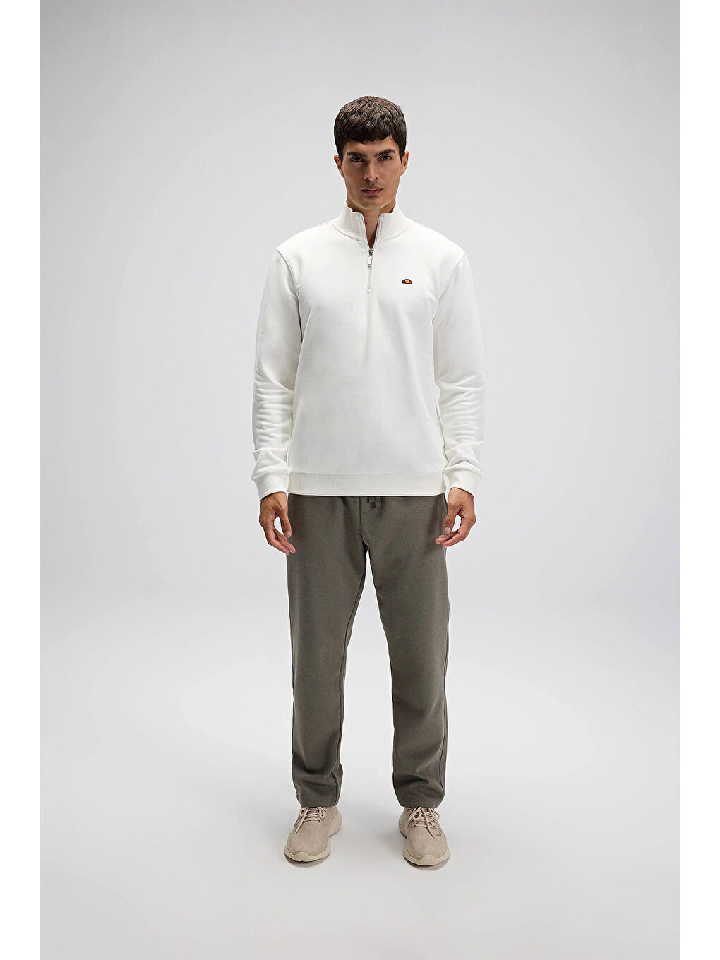 Beyaz Pamuklu Regular Fit Yarım Fermuarlı Dik Yaka Sweat EM580-OF-2