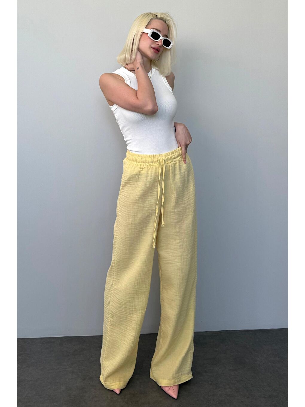 Sarı Bol Paça Müslin Kadın Pantolon Mg1980-3