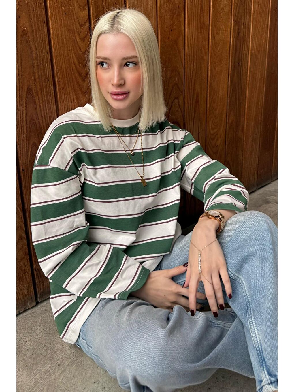 Haki Bisiklet Yaka %100 Pamuklu Çizgili Uzun Kollu Tişört Mg2362-1