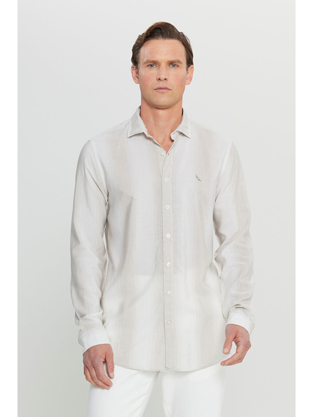 Erkek Bej Yumuşak Dokulu Keten Karışımlı Slim Fit Dar Kesim Klasik Yaka Çizgili Gömlek-5