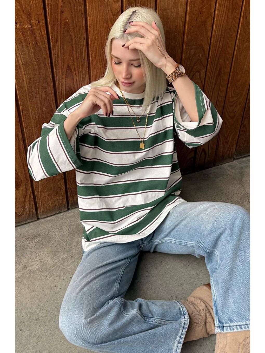 Haki Bisiklet Yaka %100 Pamuklu Çizgili Uzun Kollu Tişört Mg2362-2