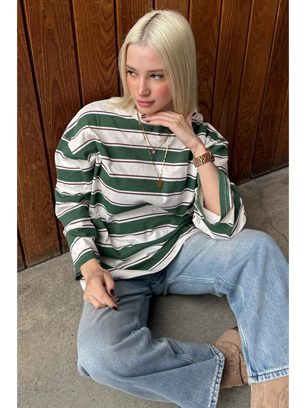 Haki Bisiklet Yaka %100 Pamuklu Çizgili Uzun Kollu Tişört Mg2362-3