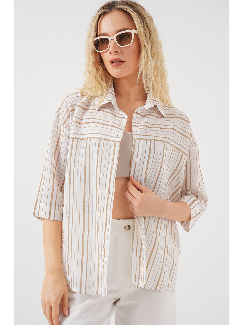 Ekru Kadın Çizgili Kısa Kol Gömlek 20344 - Krem-4