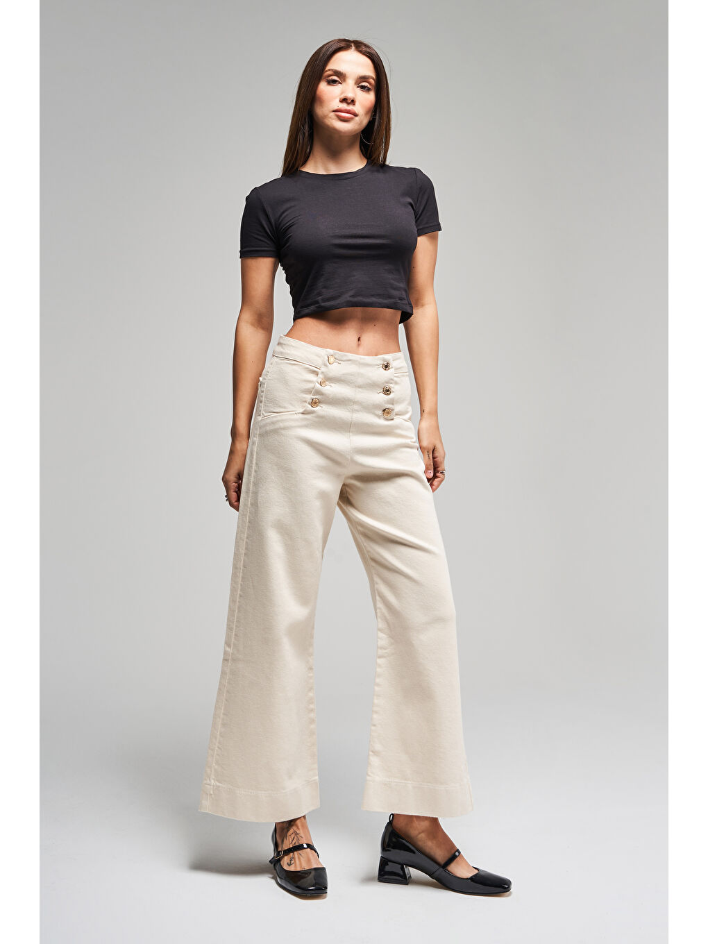 Bej Kadın Raw Renk 1S5-69 Crop Flare Fit Esnek Kumaş Elastanlı Denim Jean-1