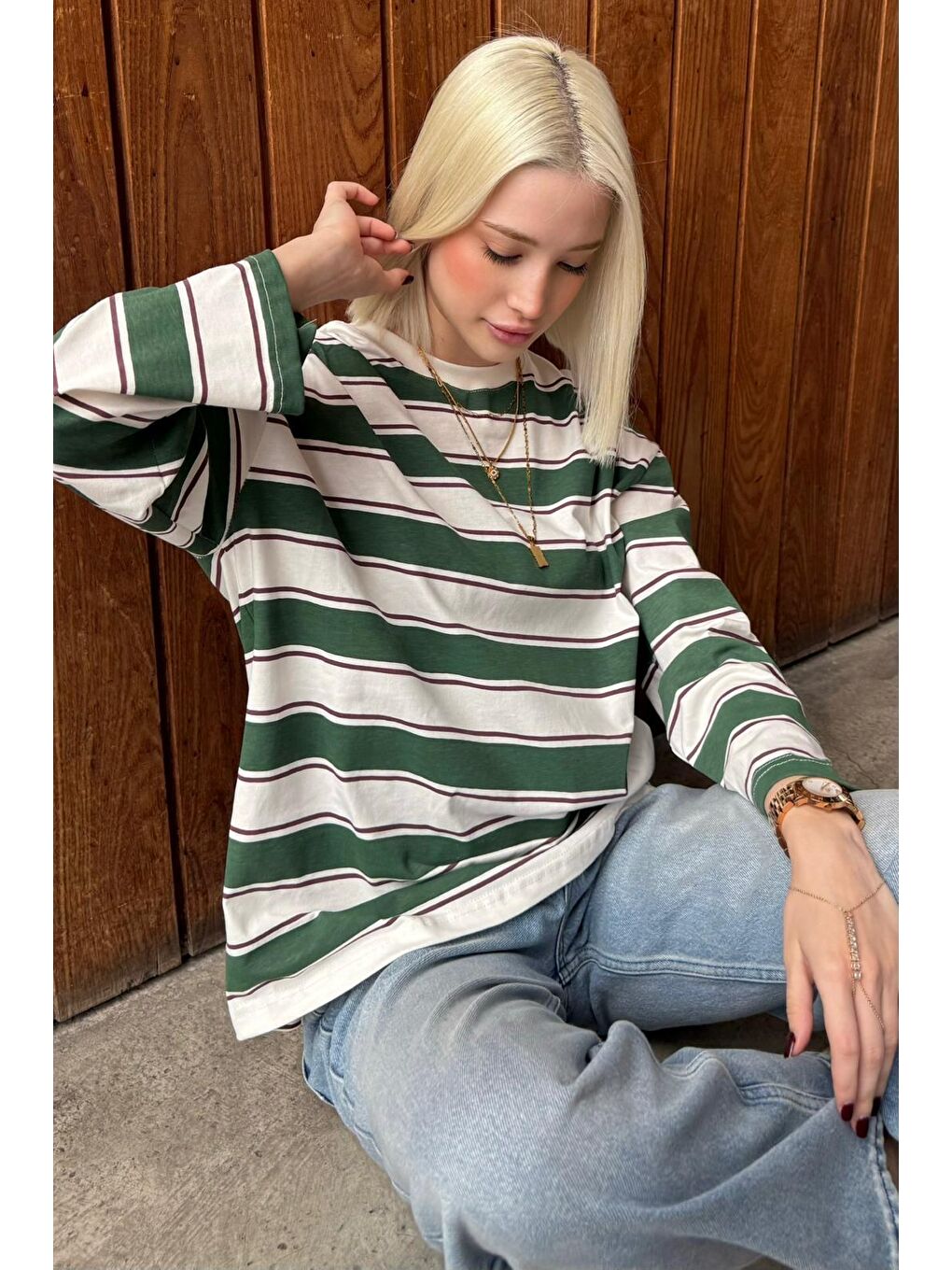 Haki Bisiklet Yaka %100 Pamuklu Çizgili Uzun Kollu Tişört Mg2362-4