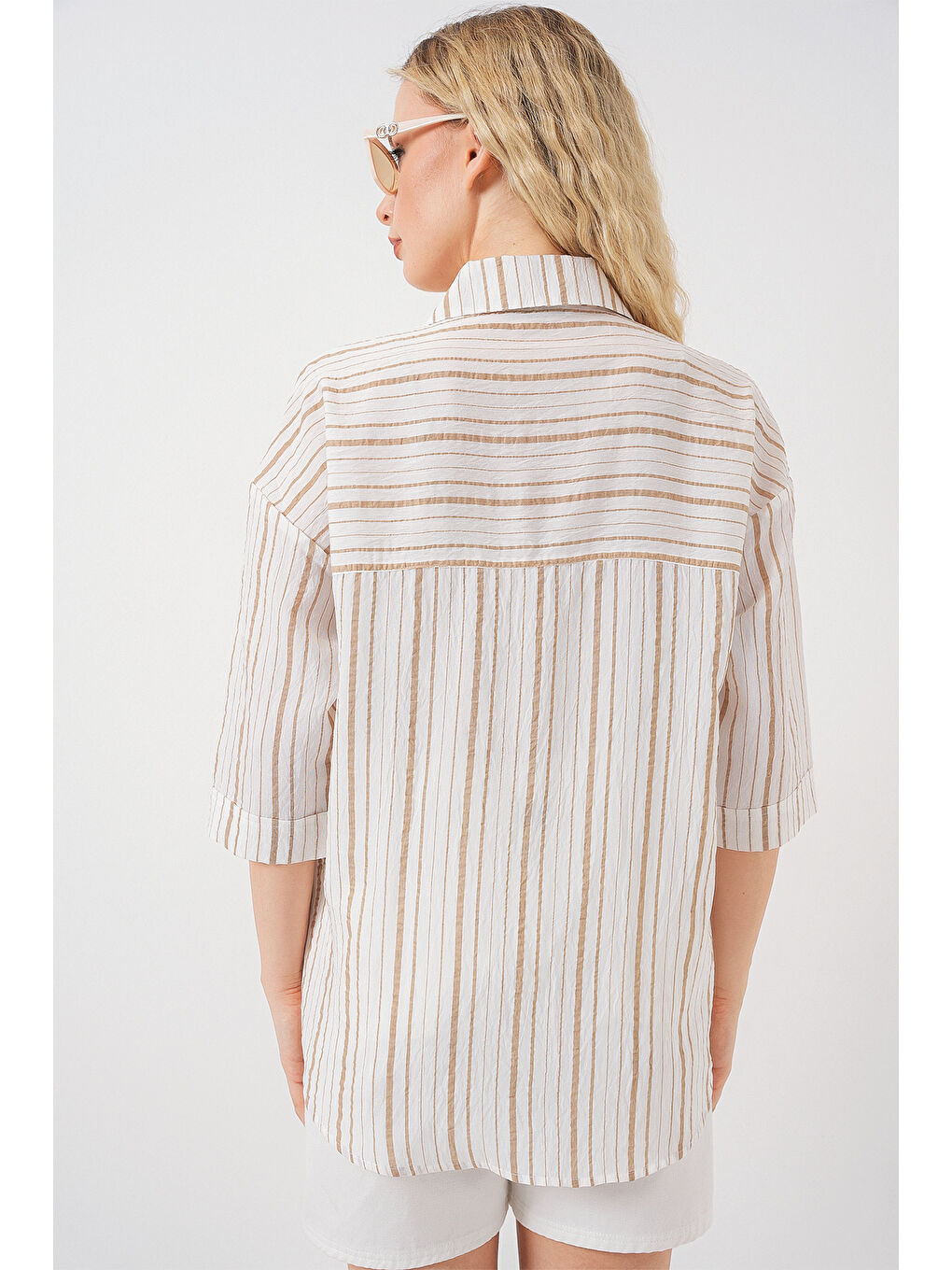 Ekru Kadın Çizgili Kısa Kol Gömlek 20344 - Krem-5