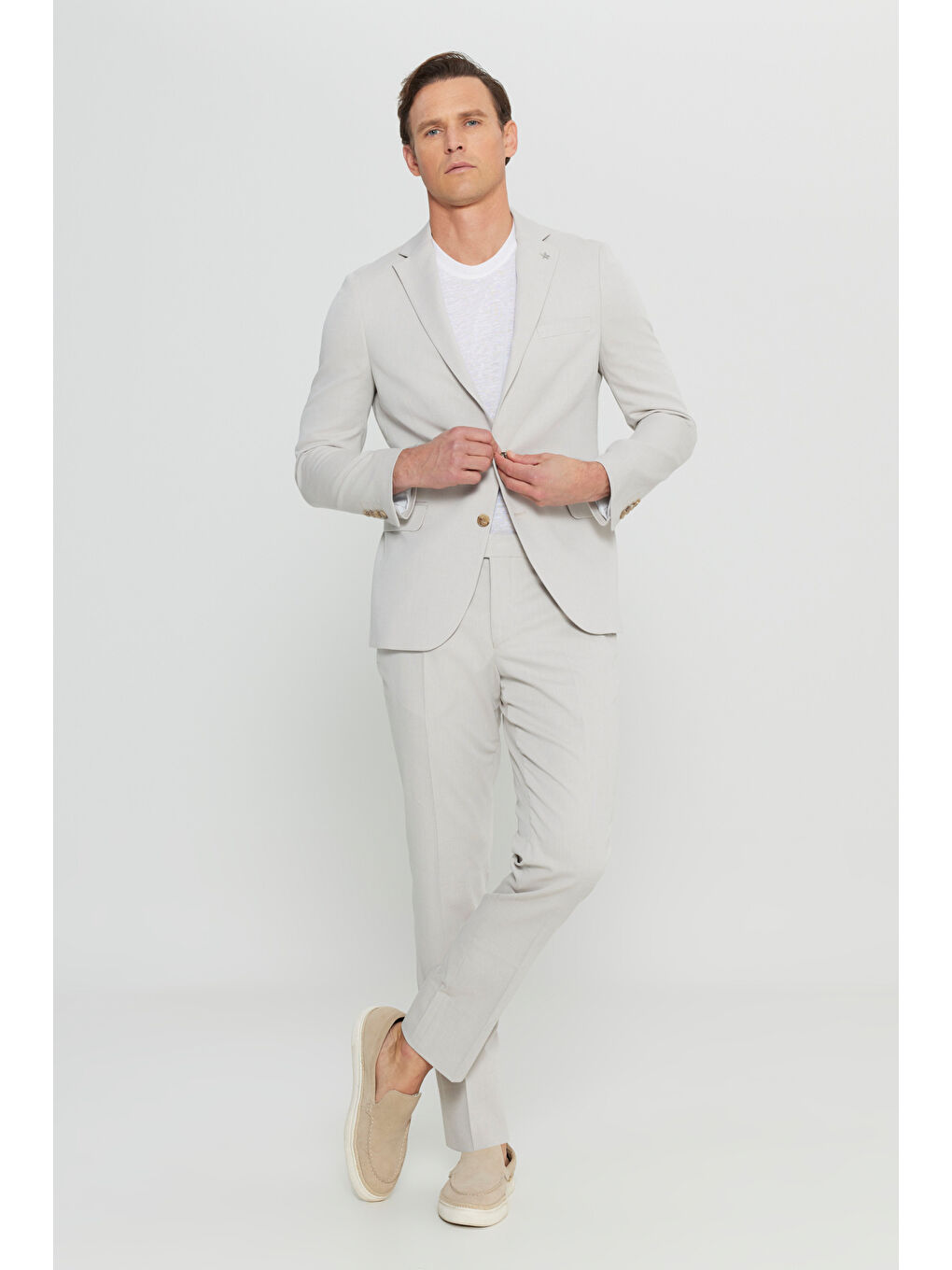 Erkek Bej Pamuklu Slim Fit Dar Kesim Mono Yaka Diagonal Desenli Kapak Cepli Takım Elbise-1