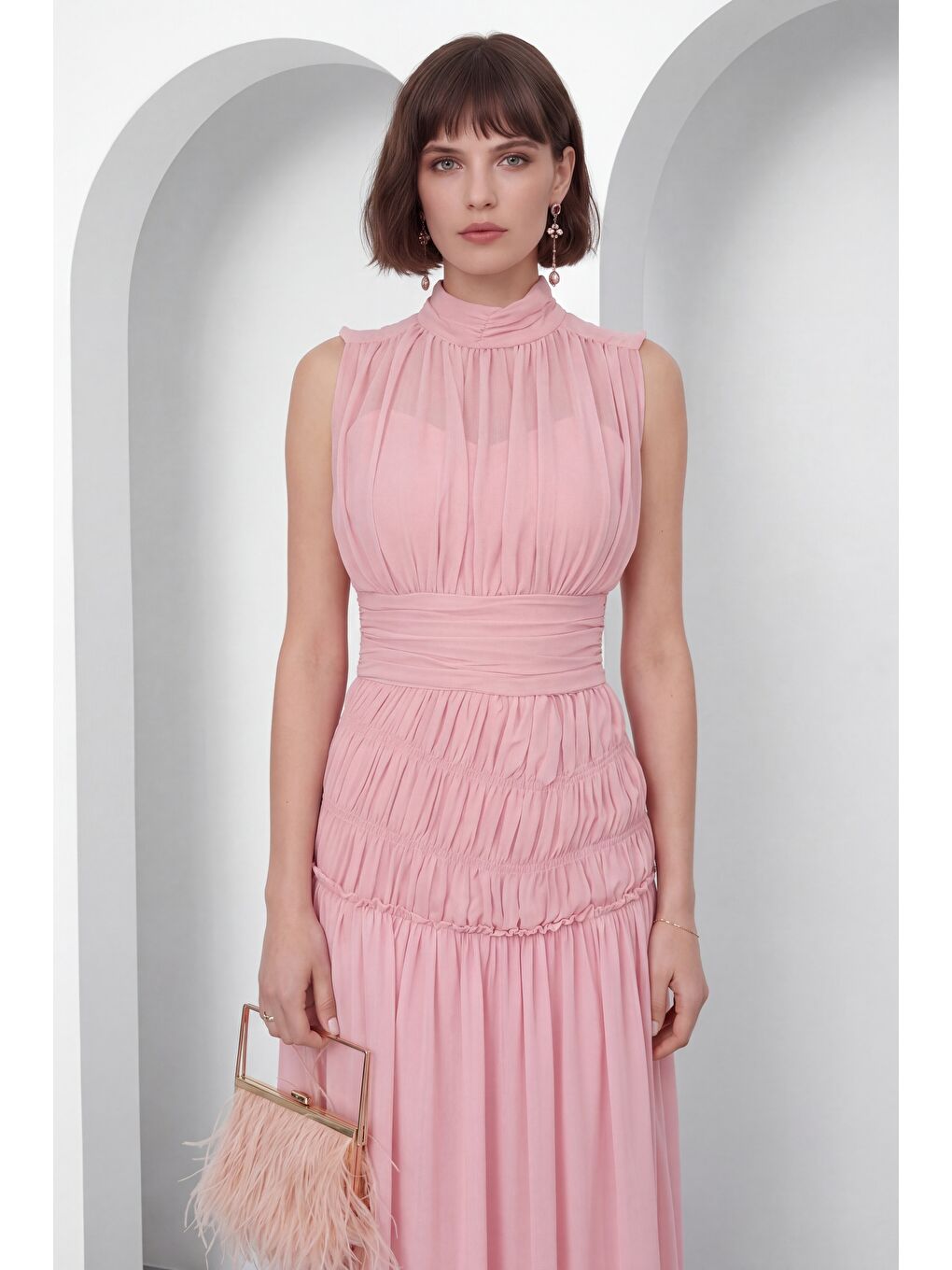 Kadın Pembe Dik Yaka Pileli Uzun Şifon Davet Elbisesi-2