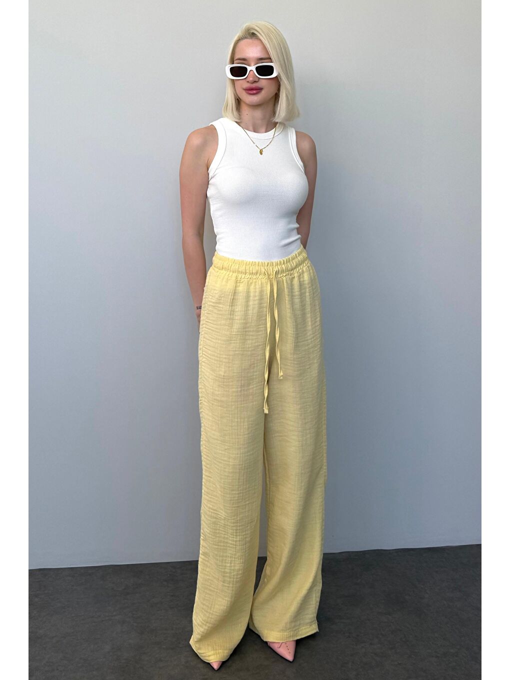 Sarı Bol Paça Müslin Kadın Pantolon Mg1980-4