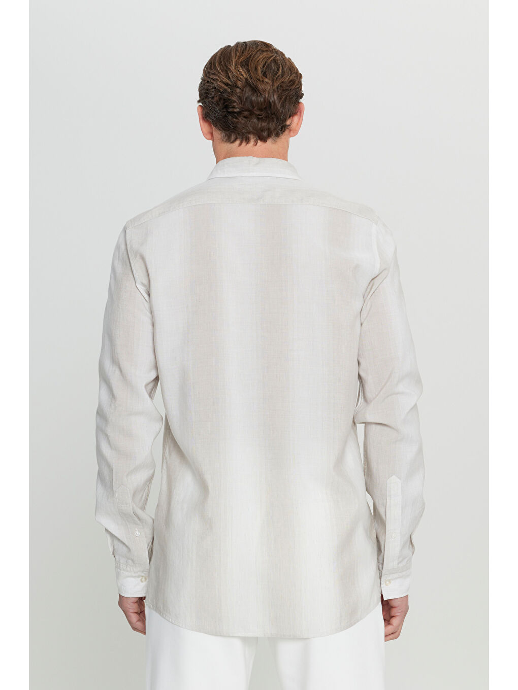 Erkek Bej Yumuşak Dokulu Keten Karışımlı Slim Fit Dar Kesim Klasik Yaka Çizgili Gömlek-6