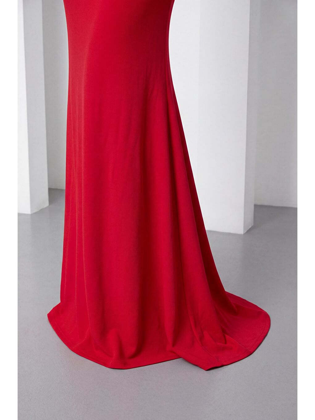 Kadın Kırmızı Dantel Detay Örme Uzun Davet Elbisesi-5