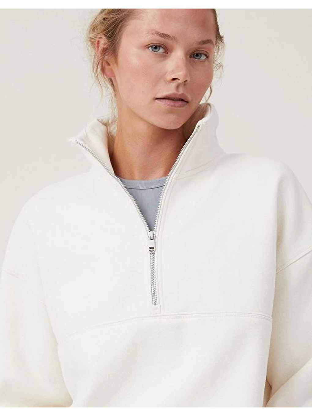 Oversize Yarım Farmuarlı Yakalı Basic Sweatshirt - Beyaz-2