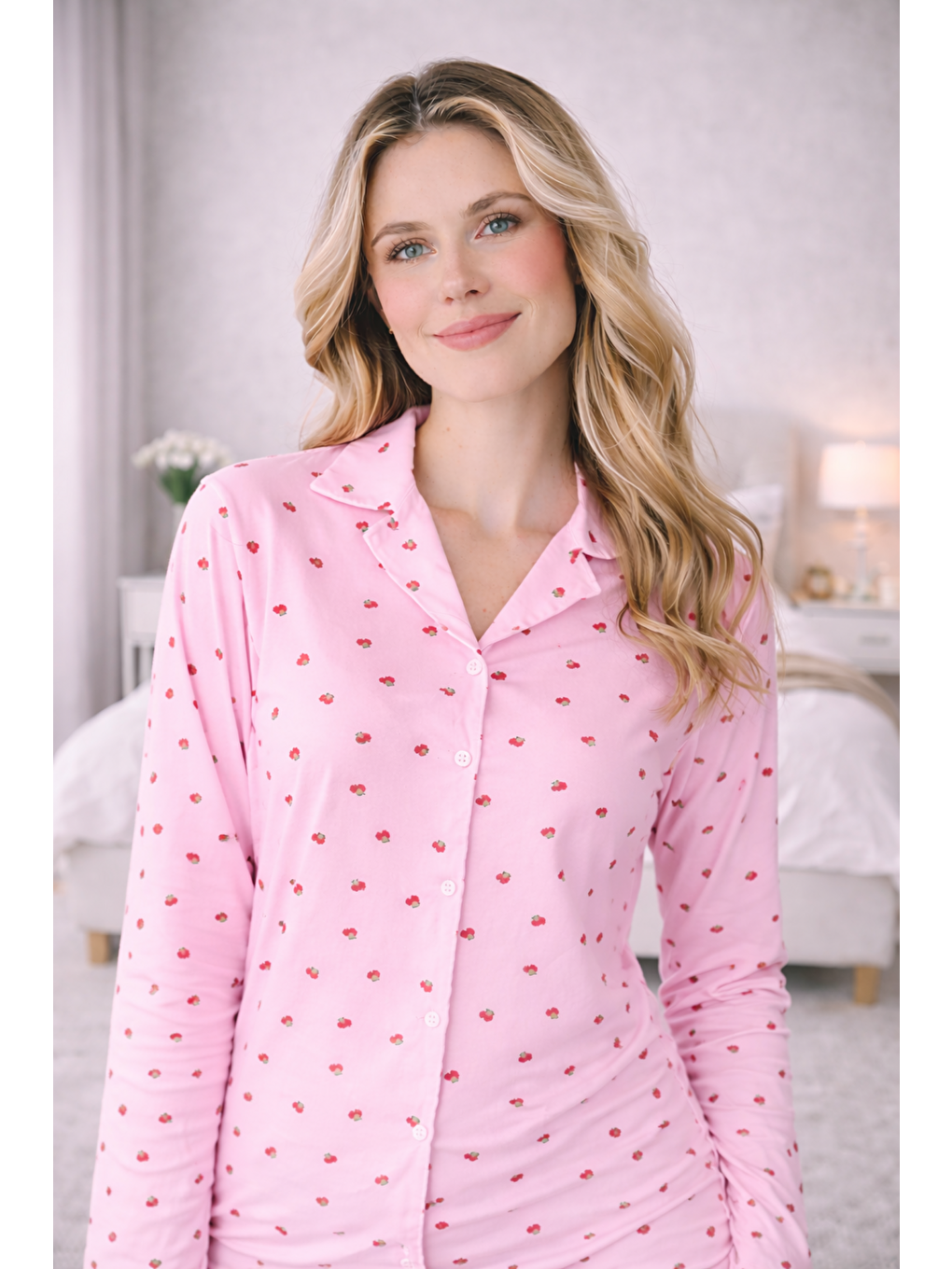 Pembe Kadın Kiraz Desenli Kaliteli Milan Kumaş Gömlek Yaka Düğmeli Yumuşak Tuşe Pijama Takımı-2