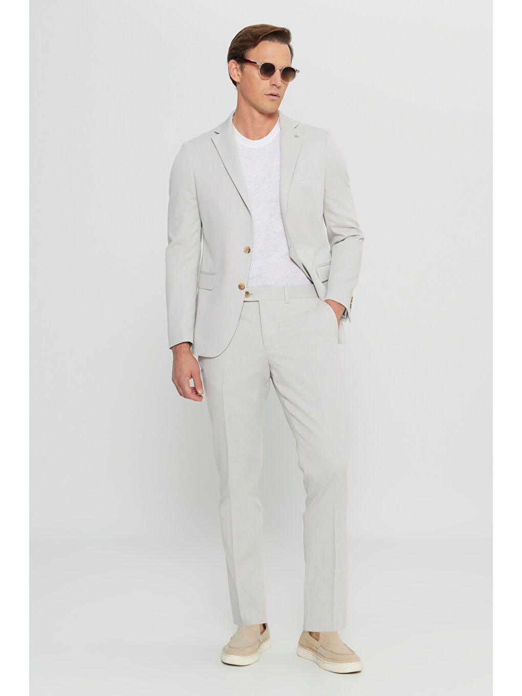 Erkek Bej Pamuklu Slim Fit Dar Kesim Mono Yaka Diagonal Desenli Kapak Cepli Takım Elbise-2