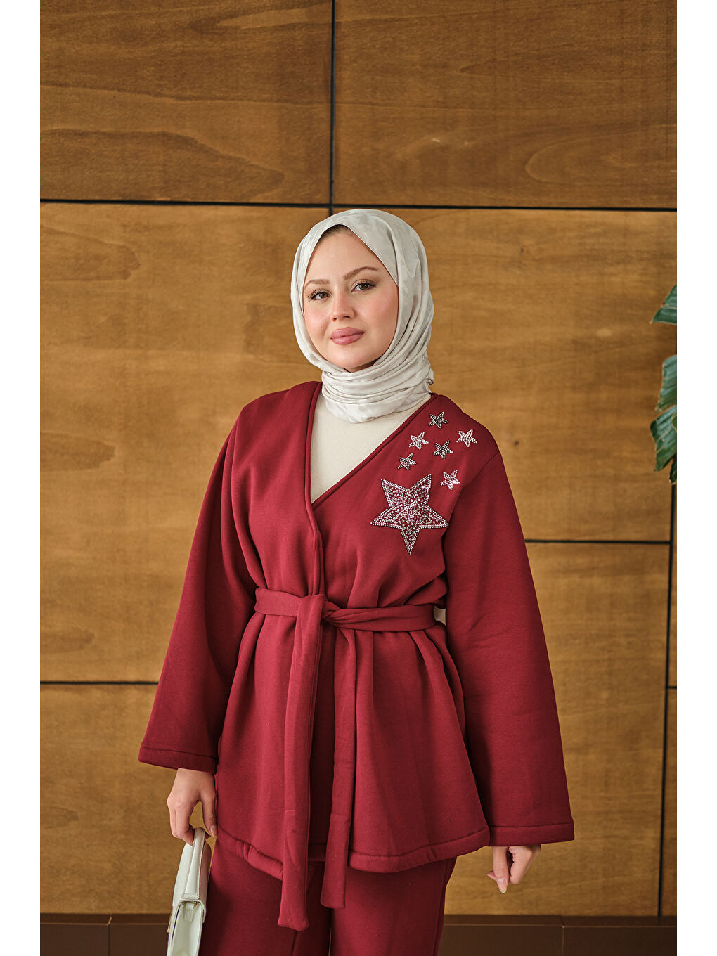 Kadın Omzu Yıldız Detaylı Bel Bağlamalı Takım Bordo-1