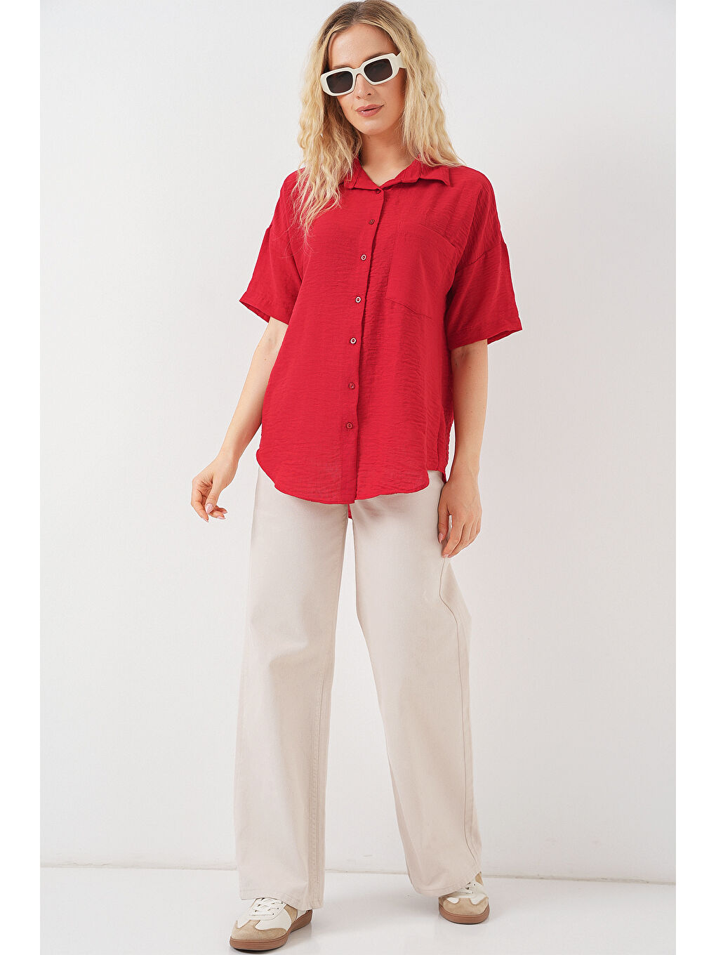 Kadın Kısa Kol Keten Görünümlü Gömlek 20336 - Kırmızı-1