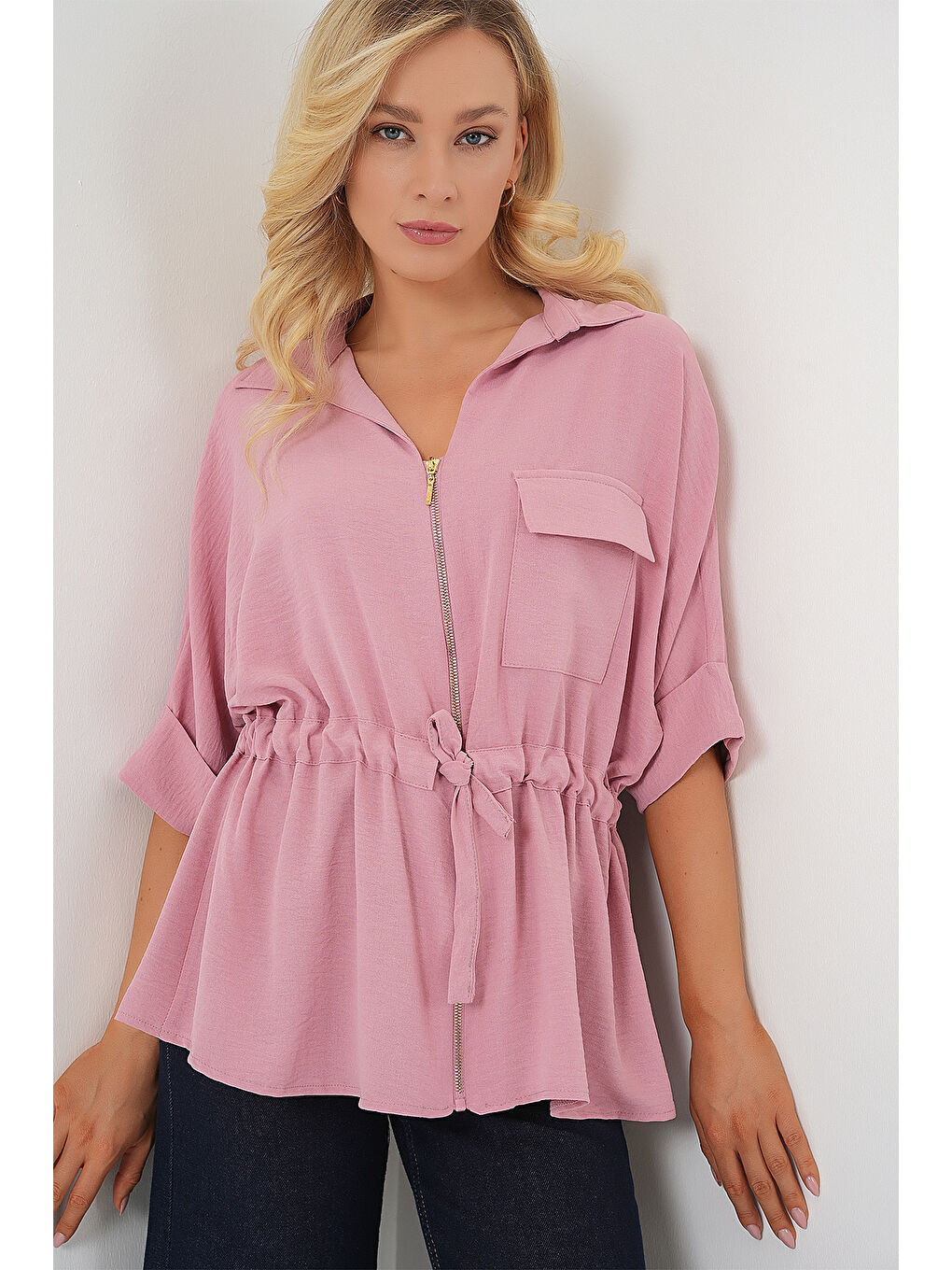 Pembe Fermuarlı Kadın Gömlek 0721 - Pudra