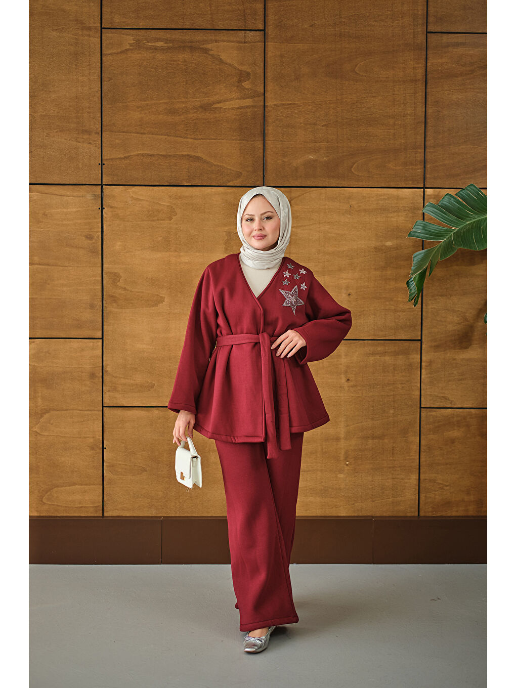 Kadın Omzu Yıldız Detaylı Bel Bağlamalı Takım Bordo-2