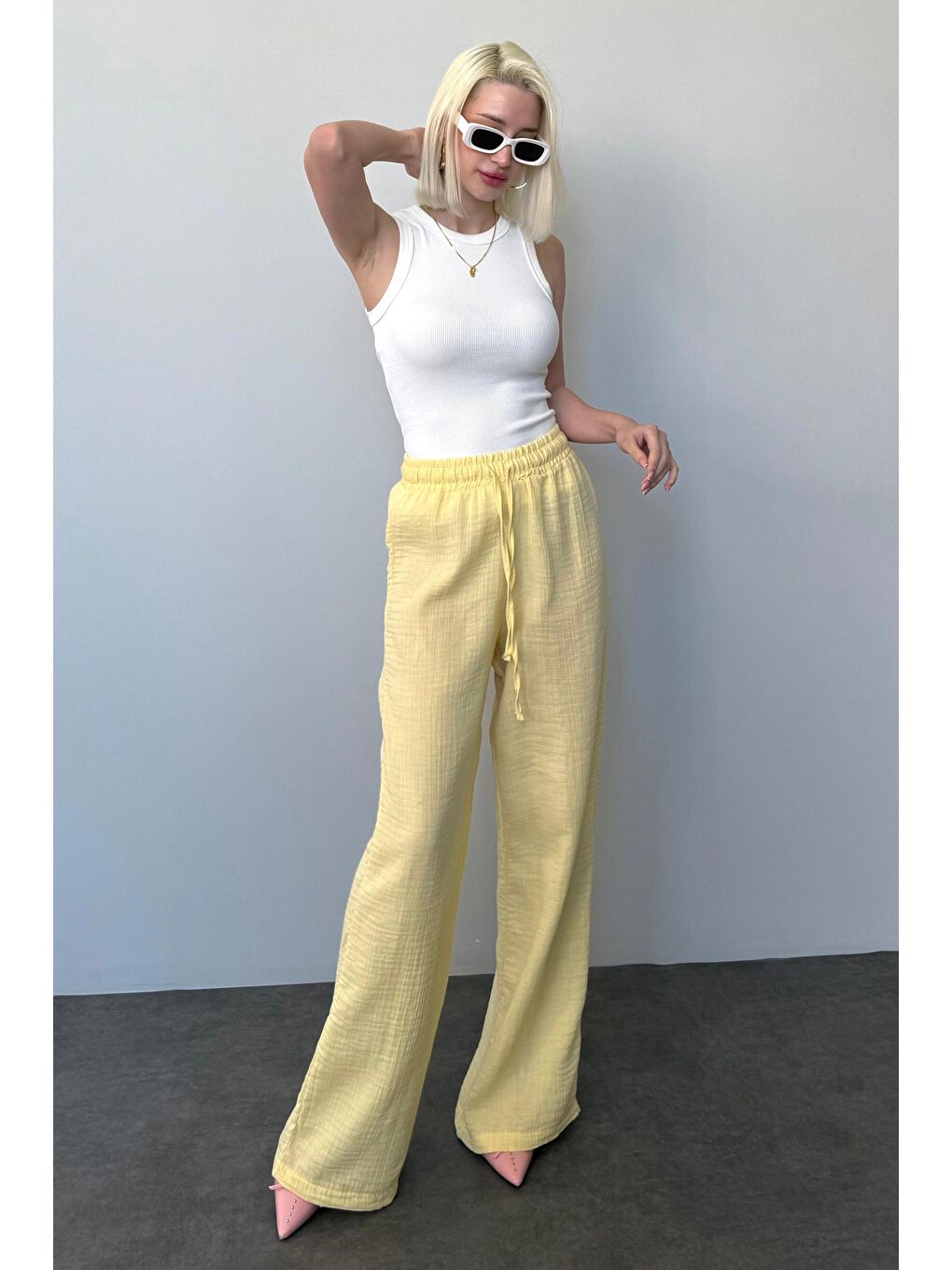 Sarı Bol Paça Müslin Kadın Pantolon Mg1980-5