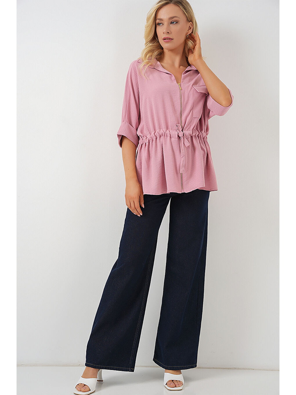 Pembe Fermuarlı Kadın Gömlek 0721 - Pudra-1