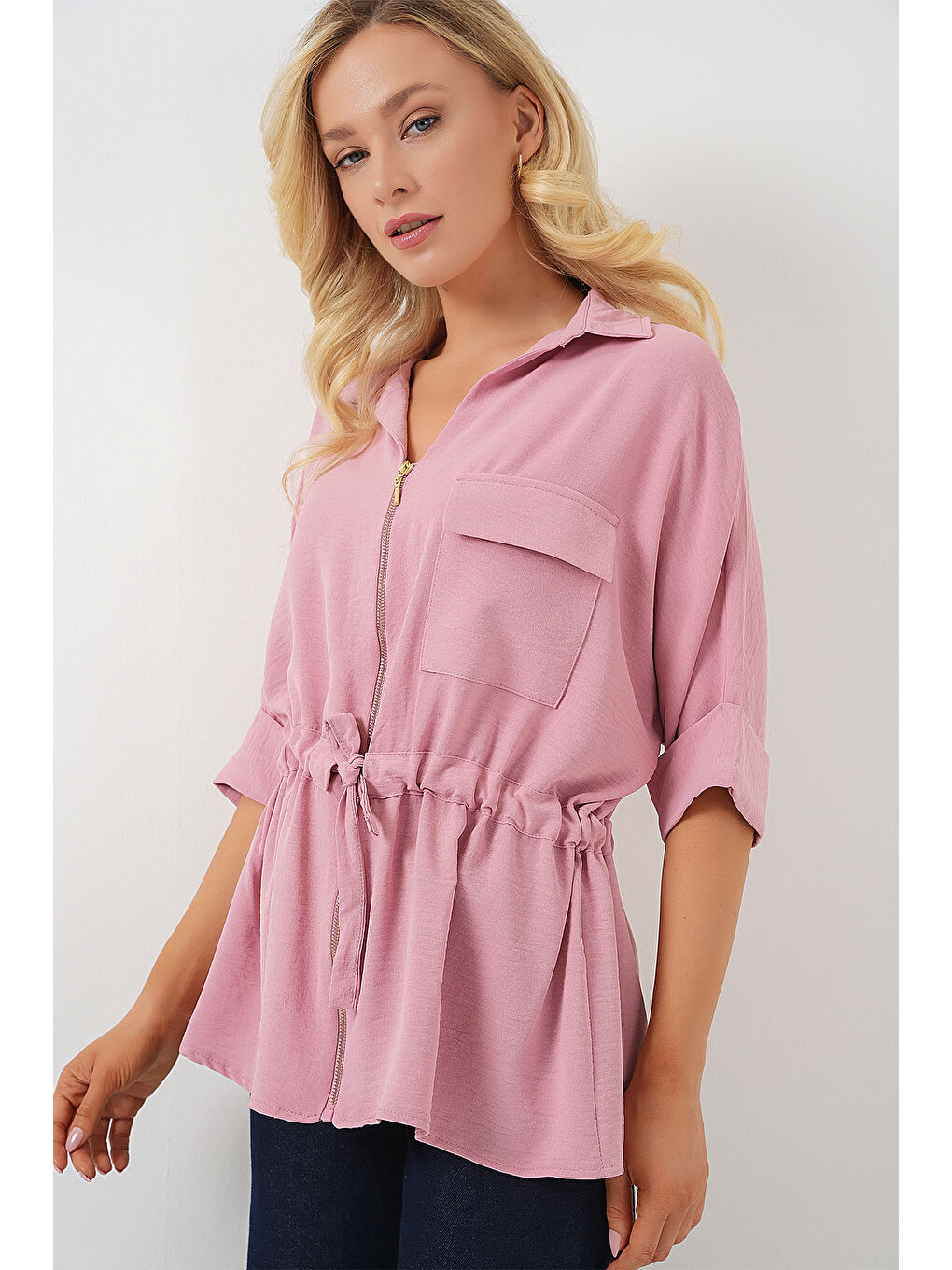 Pembe Fermuarlı Kadın Gömlek 0721 - Pudra-2