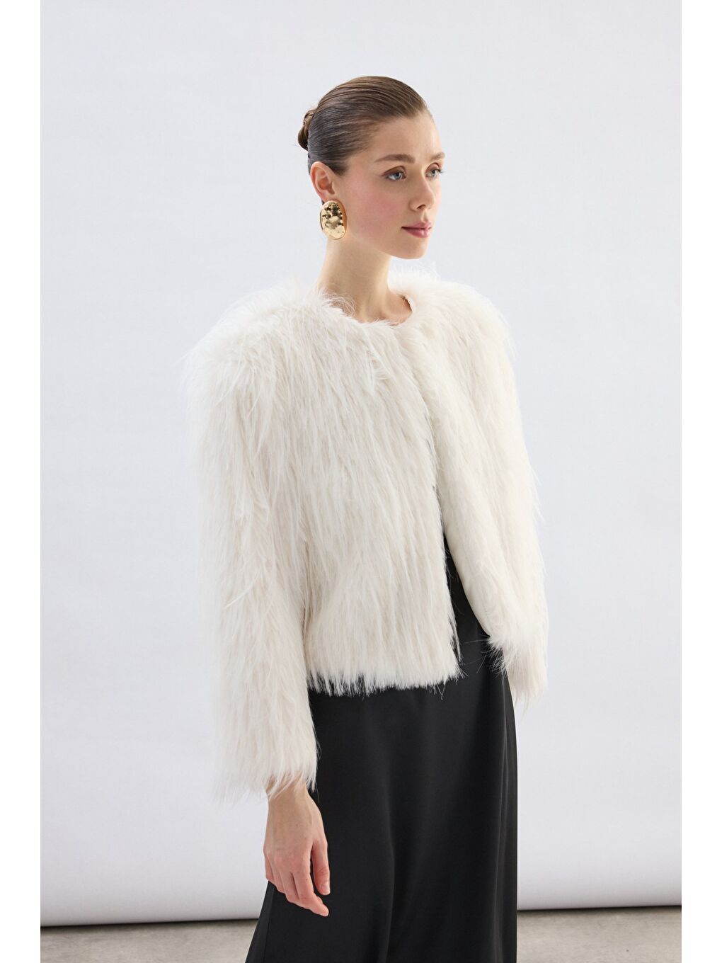 Bisiklet Yaka Suni Kürk - Ekru-2