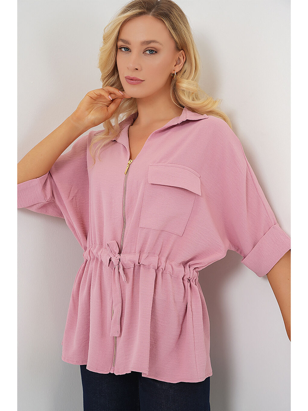 Pembe Fermuarlı Kadın Gömlek 0721 - Pudra-3