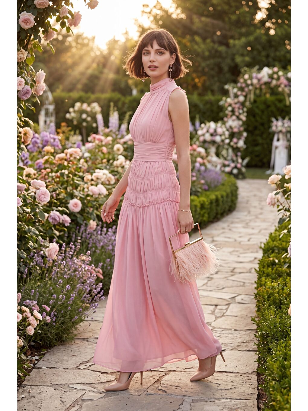 Kadın Pembe Dik Yaka Pileli Uzun Şifon Davet Elbisesi-4