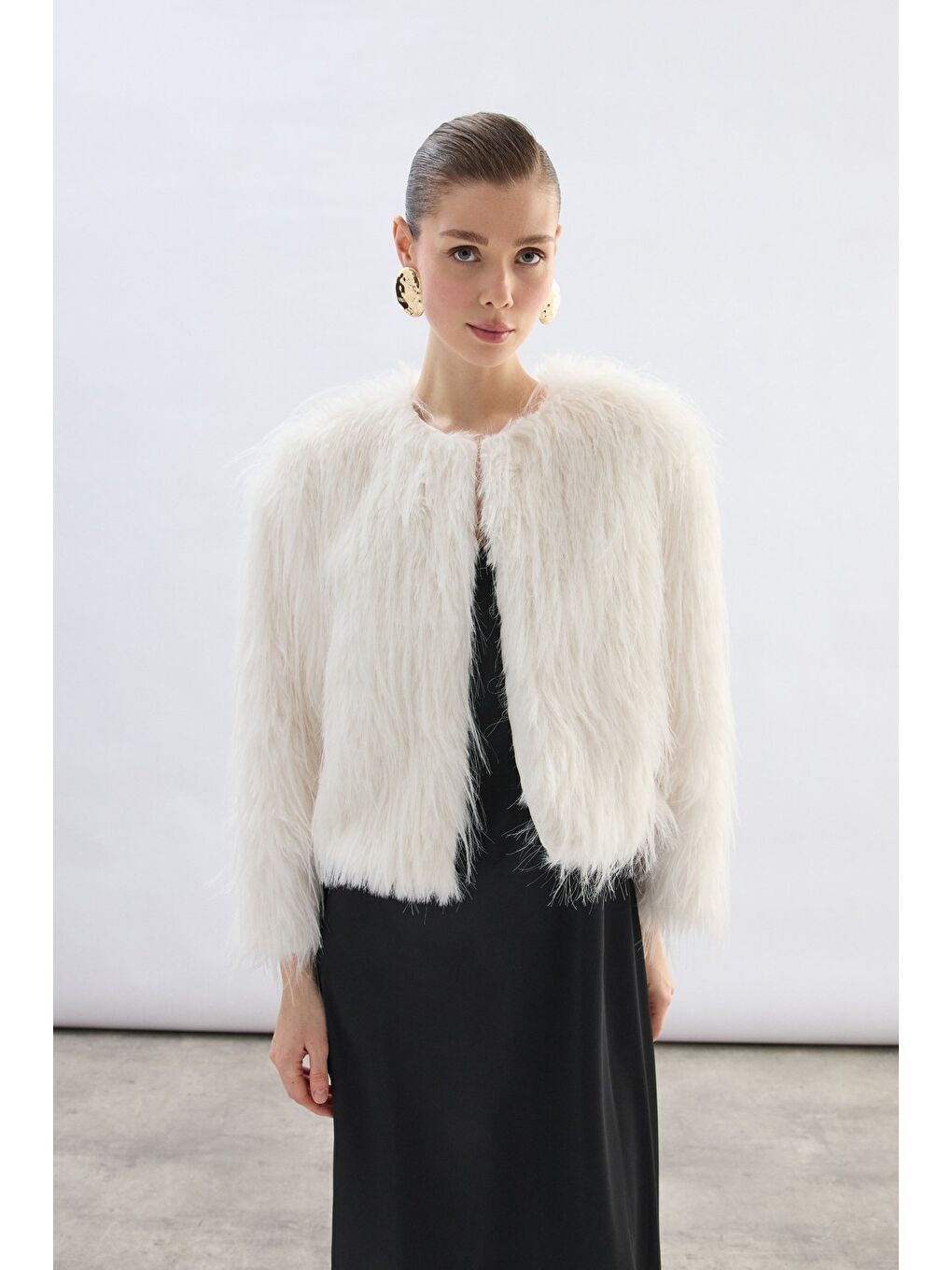 Bisiklet Yaka Suni Kürk - Ekru-3