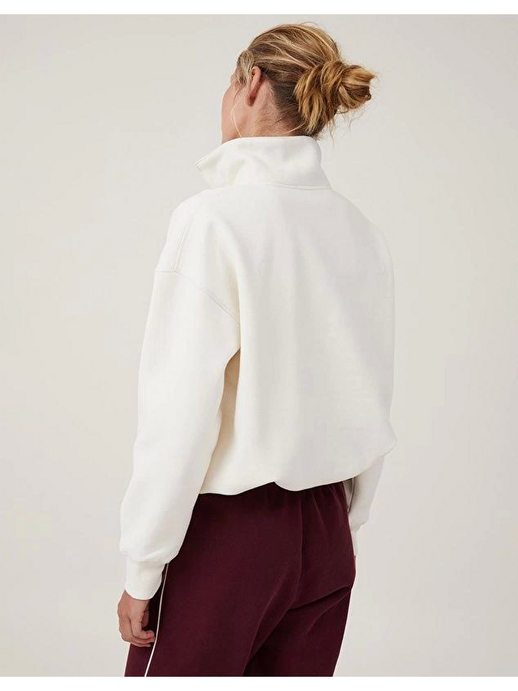 Oversize Yarım Farmuarlı Yakalı Basic Sweatshirt - Beyaz-3